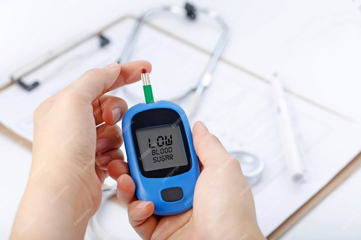hand holding blood glucose meter measuring blood sugar background is stethoscope chart file 1387 943